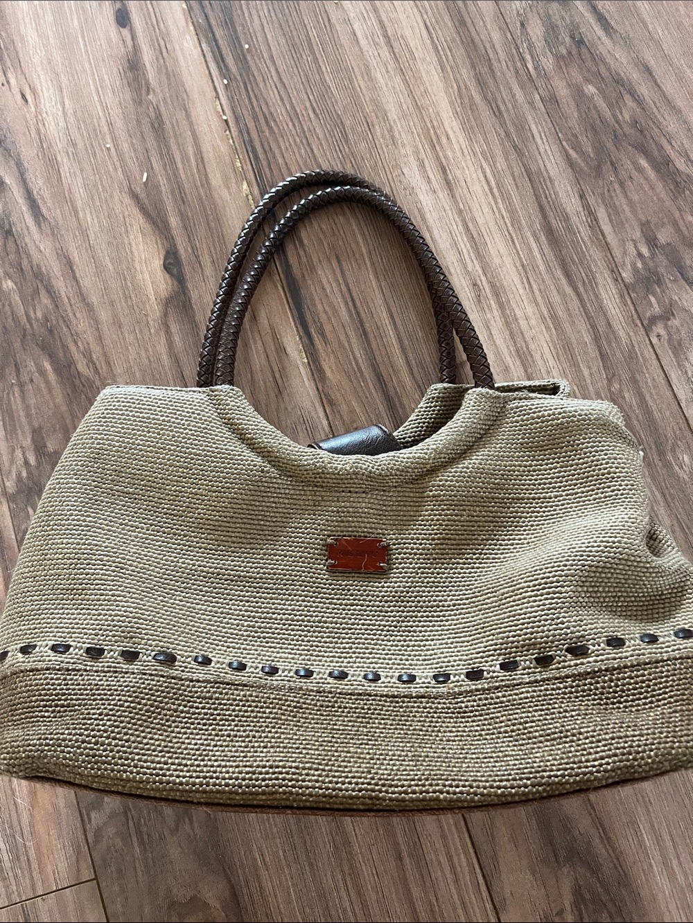 Relic Cream Woven Tote with Brown Braided Handles